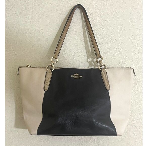Authentic Coach AVA Tote Large Black & Cream Leather with Python Trim 16"x10" - Picture 1 of 15